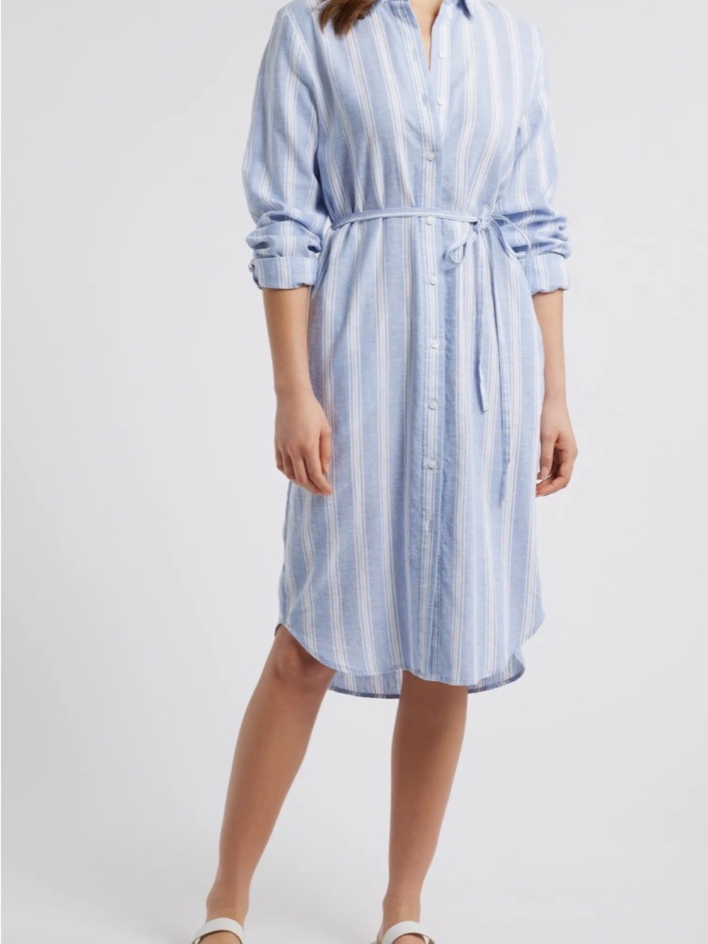 Caslon Blue and White Striped Tie-Waist Shirt Dress